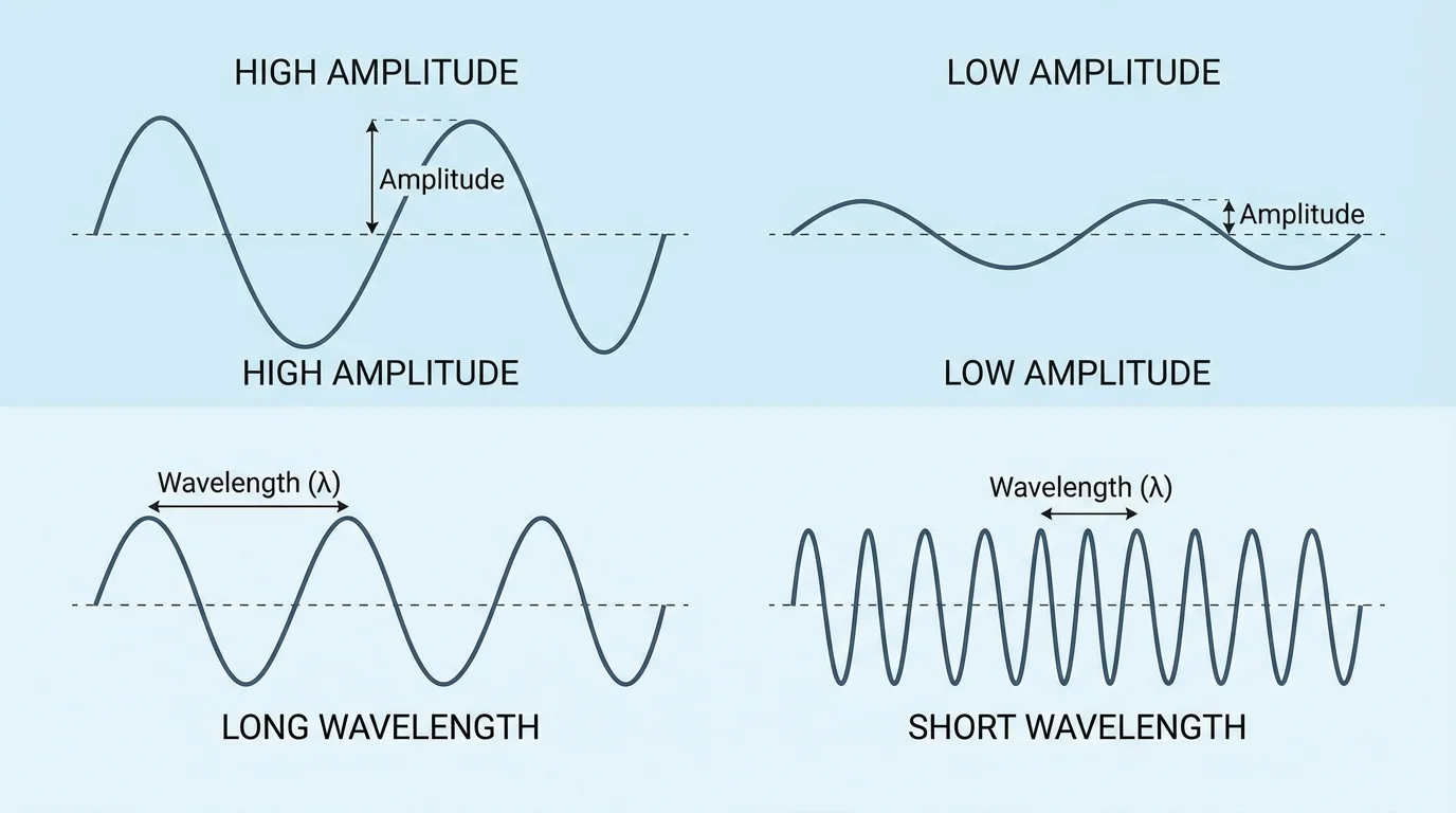 Labeled wave diagram comparing high and low amplitude and long and short wavelength