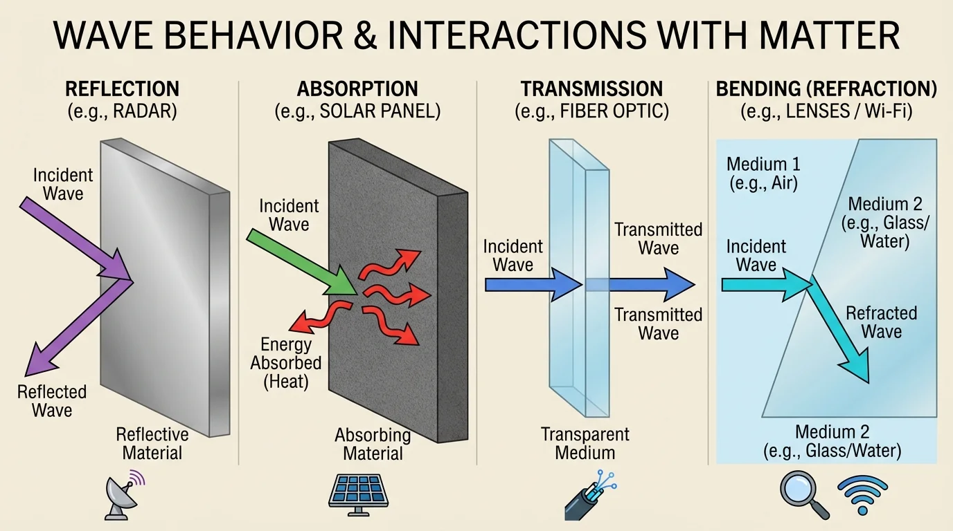 Wave hitting different materials with arrows showing reflection, absorption, transmission, and bending in a new medium