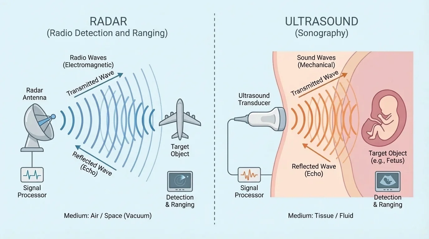 Side-by-side comparison of radar using radio waves and ultrasound using sound waves to detect objects by echoes