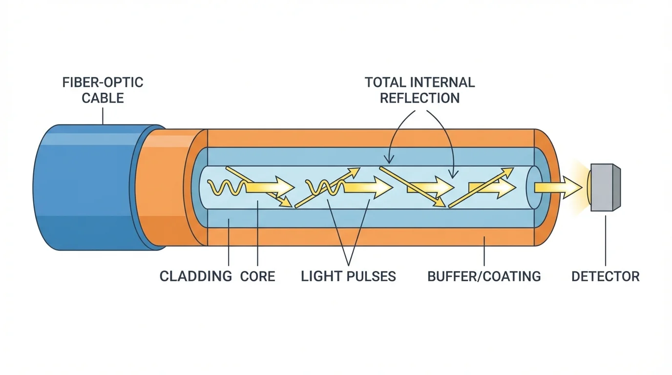 Cross-section of a fiber-optic cable showing light pulses reflecting inside the core toward a detector