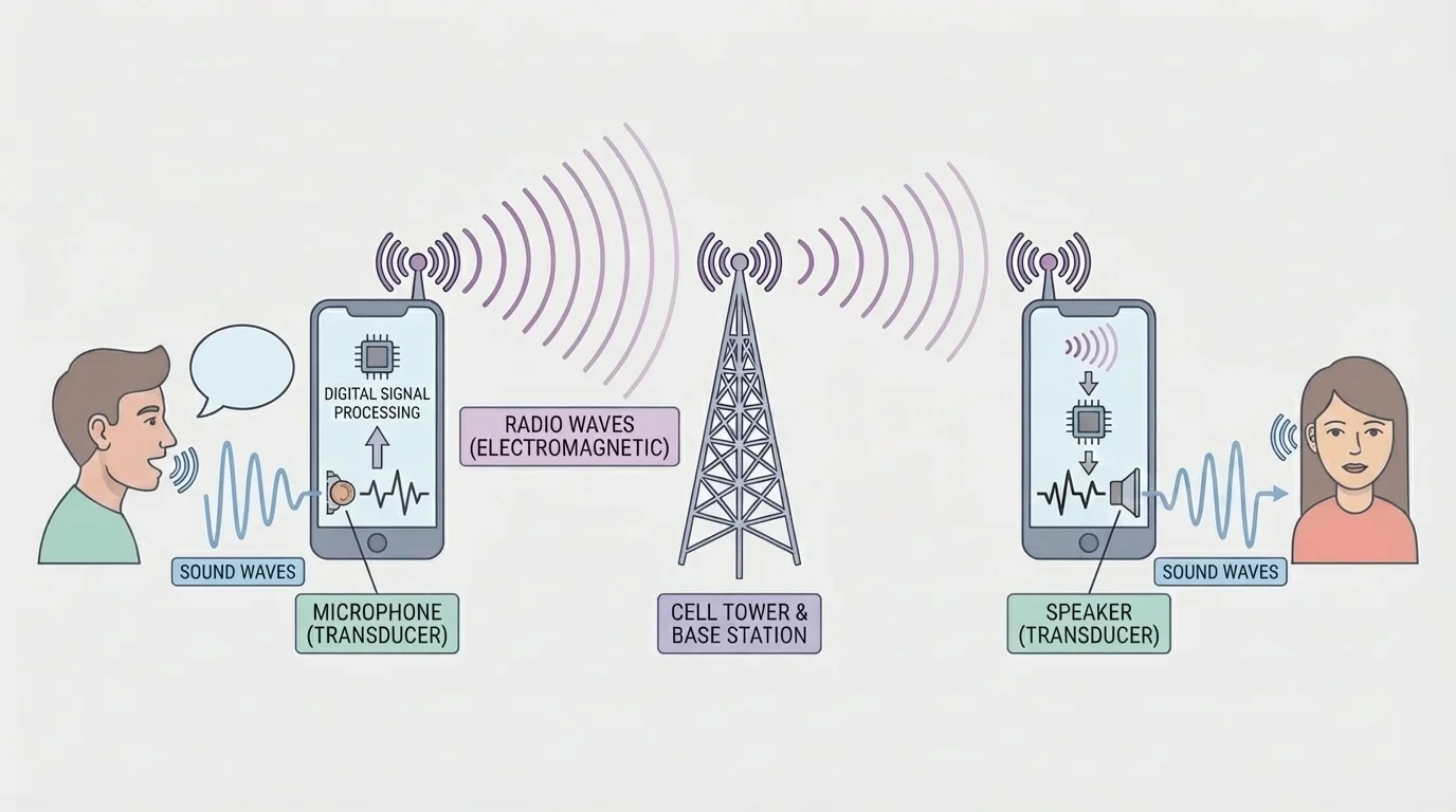 Communication chain from speaking into a phone microphone to wireless transmission and sound reproduction