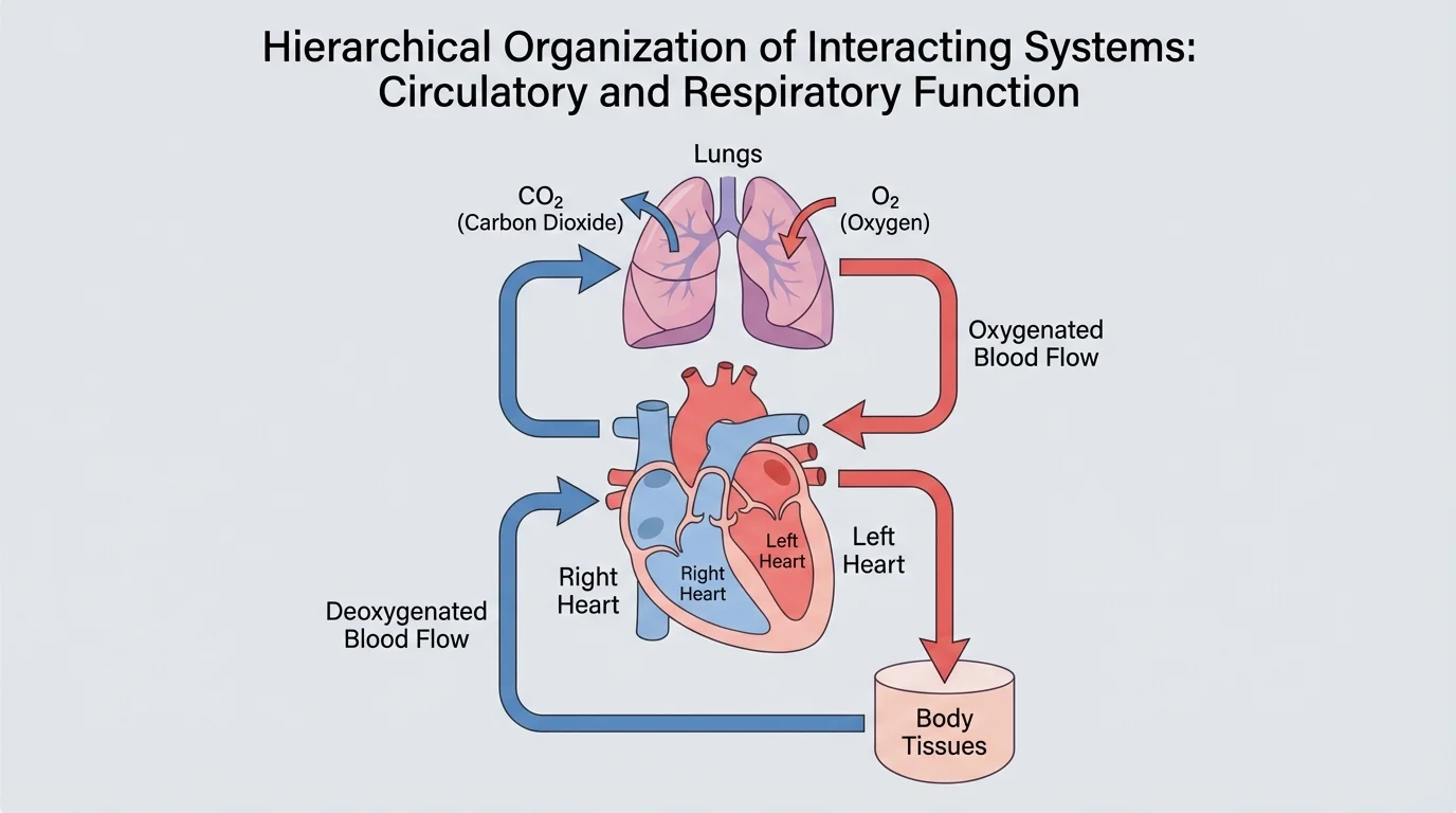 Simplified heart and lungs with arrows showing blood flow from body → right heart → lungs → left heart → body, and arrows showing oxygen entering blood and carbon dioxide leaving blood at the lungs