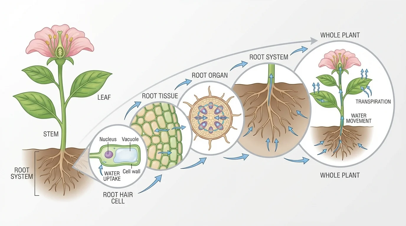 Flowering plant with labeled root, stem, leaf; zoom-in path showing root hair cell → root tissue → root organ → root system → whole plant, with arrows showing water movement from roots up stem to leaves