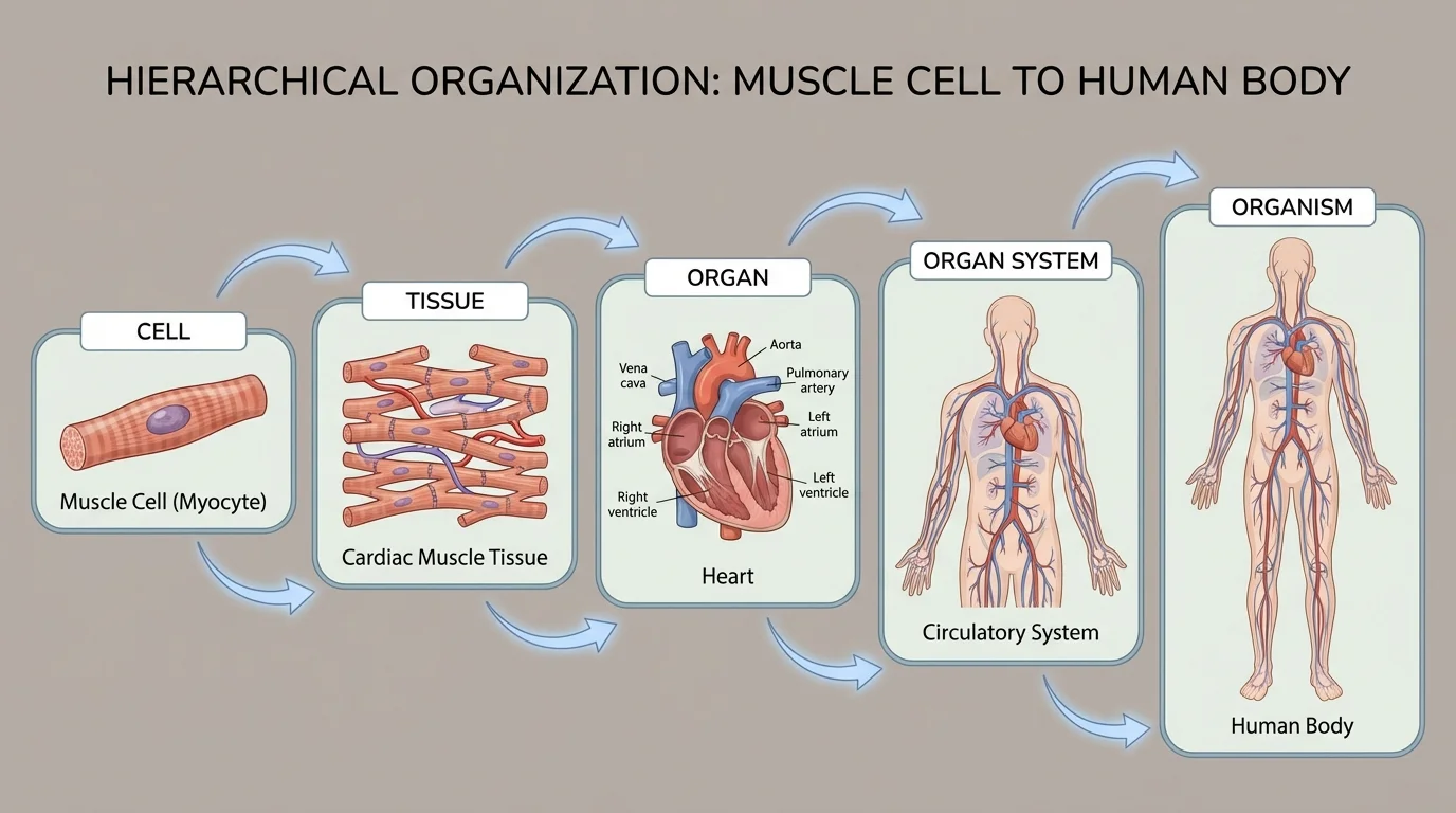 Ladder-style hierarchy showing cell → tissue → organ → organ system → organism, with a highlighted path muscle cell → cardiac muscle tissue → heart → circulatory system → human body