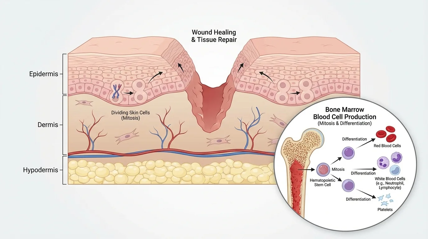 Skin wound healing with nearby skin cells dividing to replace damaged tissue, plus a small inset showing bone marrow producing new blood cells