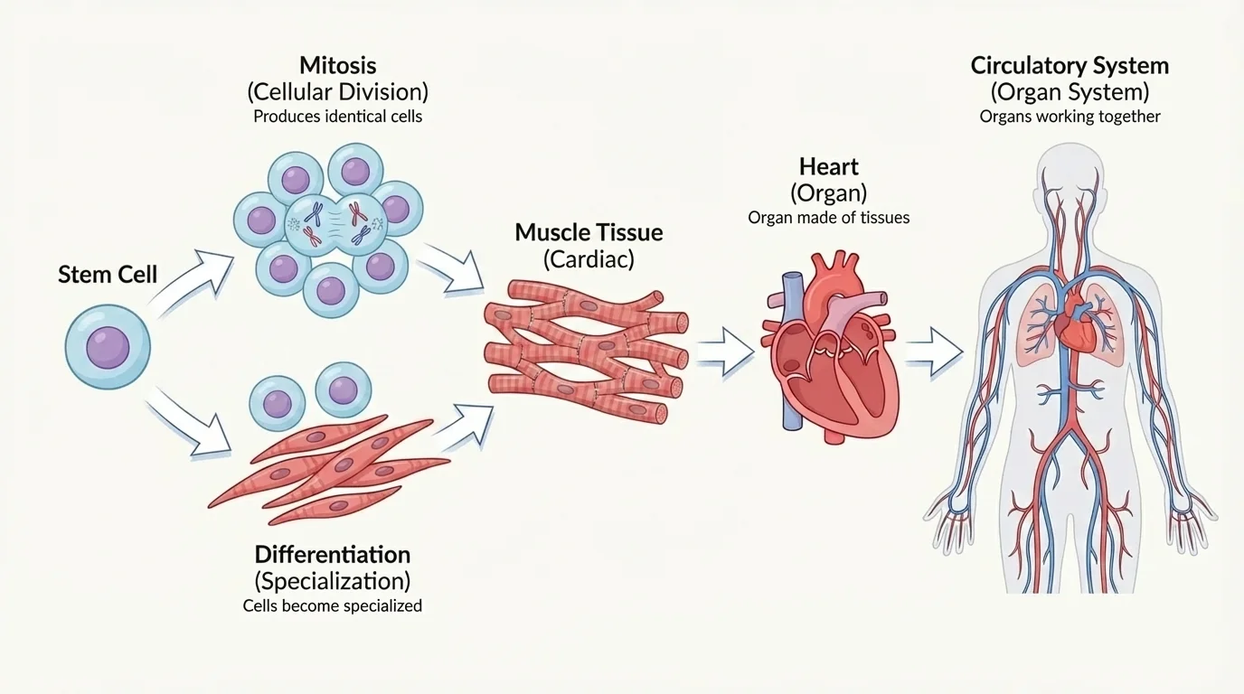 Levels of organization from muscle cell to muscle tissue to heart to circulatory system, with arrows between levels