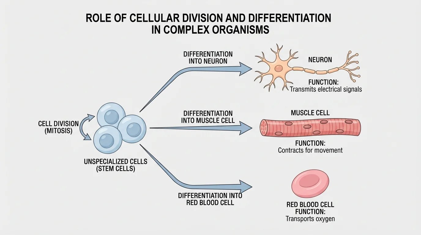 Unspecialized cells branching into a neuron, a muscle cell, and a red blood cell, with short labels for each cell's main function