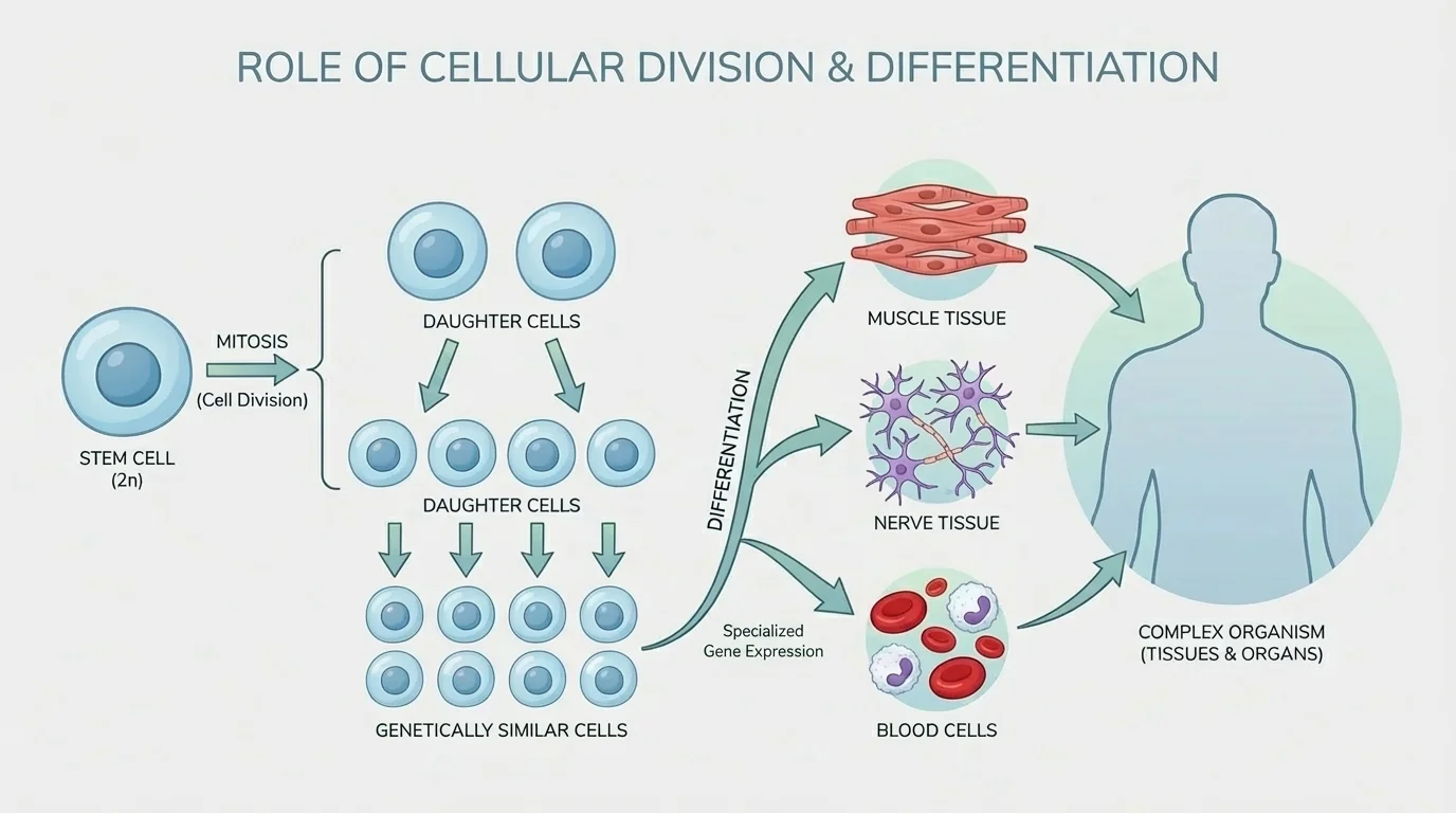 One body cell dividing by mitosis into 2, then 4, then 8 genetically similar daughter cells, with arrows showing increase in cell number