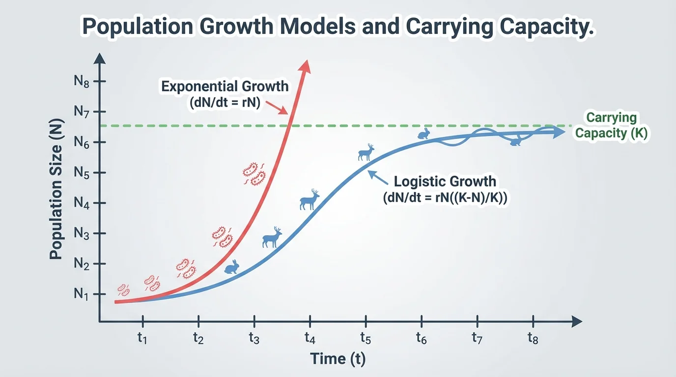 Coordinate graph with an exponential J-shaped population curve and a logistic S-shaped curve leveling near a horizontal carrying capacity line