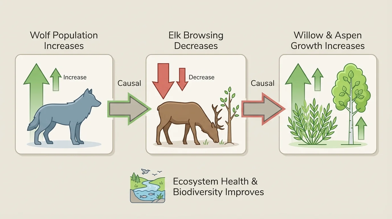 Trophic cascade showing wolves increase, elk browsing decreases, and willow or aspen growth increases with arrows between each step