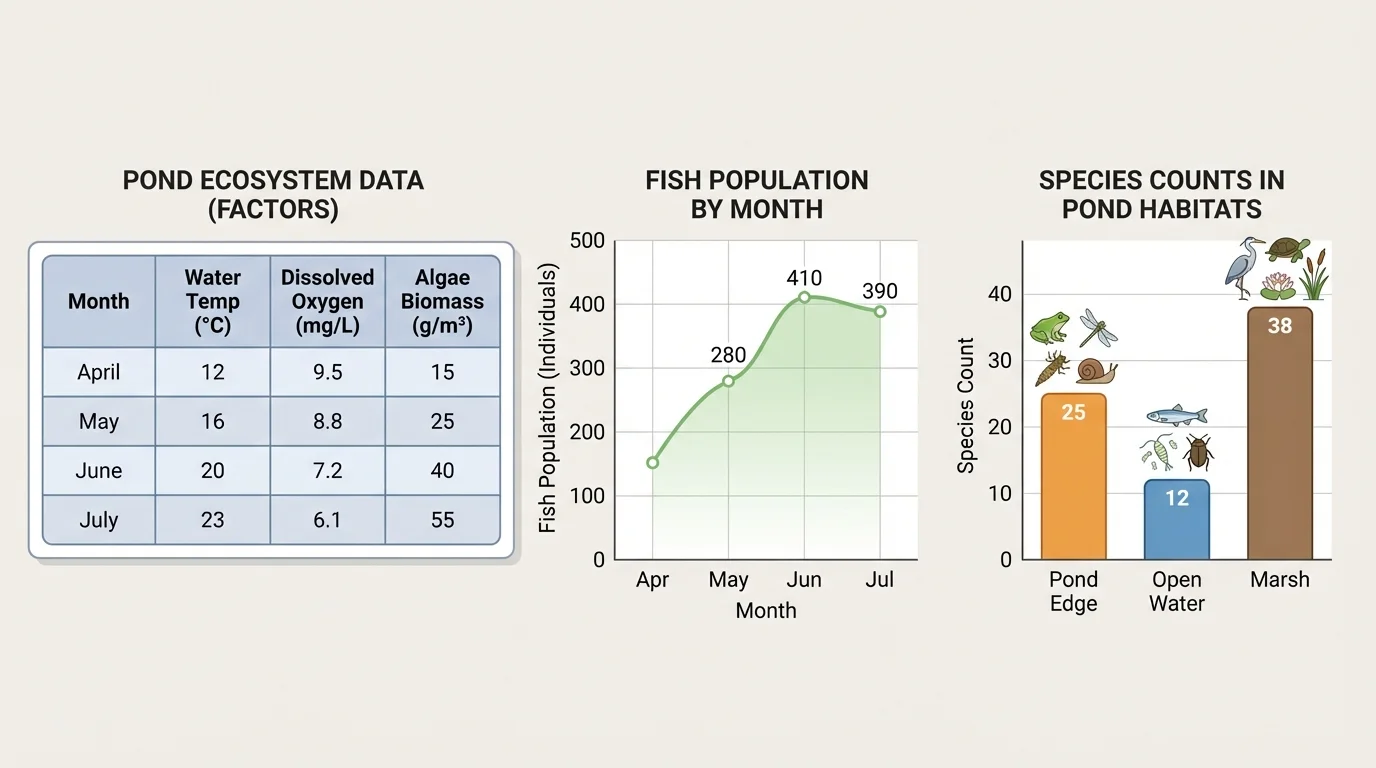 Pond ecosystem data shown as a small table, a line graph of fish population by month, and a bar graph comparing species counts in pond edge, open water, and marsh habitat