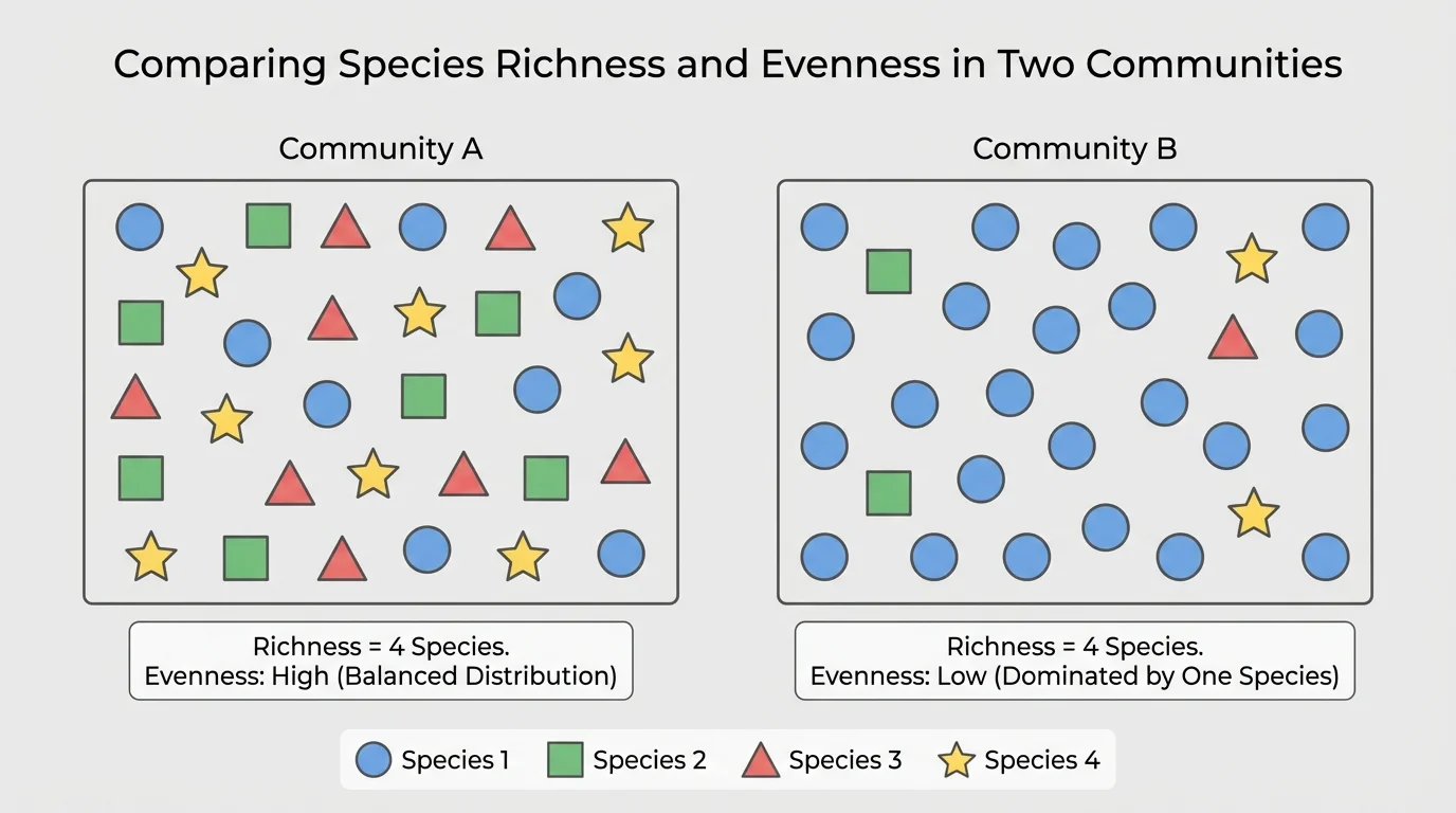 Two sample communities with the same four species shown by colored icons, one evenly distributed and one dominated by one species to compare richness and evenness