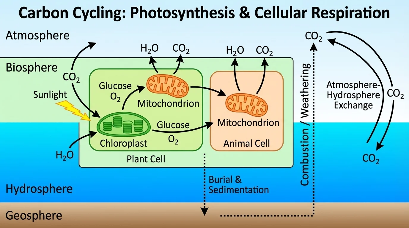 Diagram of plant and animal cells using glucose and oxygen, releasing carbon dioxide and water, with arrows to atmosphere and hydrosphere