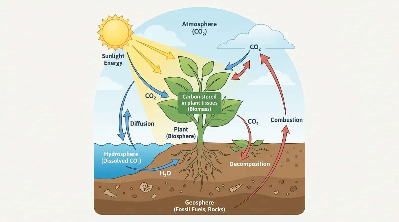 Labeled plant diagram showing carbon dioxide entering leaves, water entering roots, sunlight input, and carbon stored in plant tissues