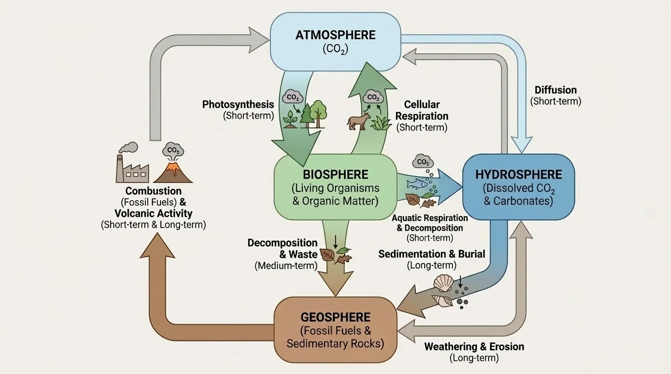 Flowchart model of carbon reservoirs and labeled arrows showing carbon transfers and relative timescales