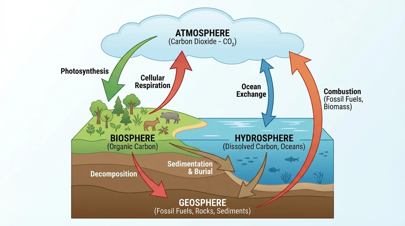 Earth system carbon cycle diagram with labeled reservoirs and arrows for photosynthesis, respiration, decomposition, ocean exchange, sedimentation, and combustion