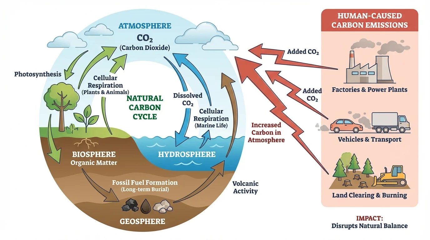 Illustration comparing natural carbon cycling with added human carbon emissions from factories, vehicles, and land clearing