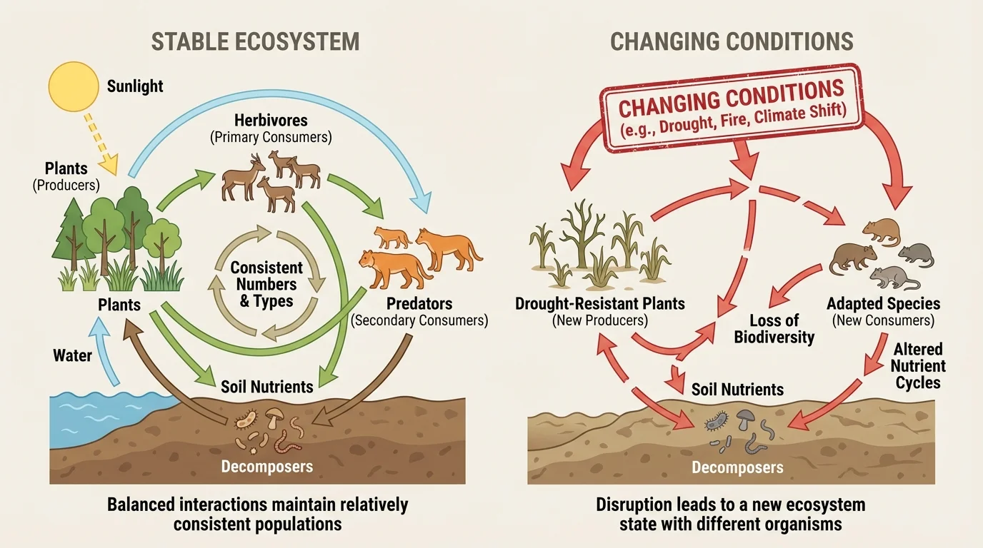 Labeled ecosystem diagram with plants, herbivores, predators, decomposers, sunlight, water, and soil nutrients linked by arrows