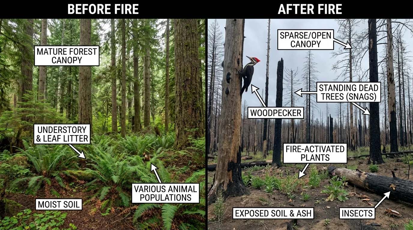 Before-and-after illustration of a forest ecosystem before fire and after fire, showing changed canopy cover, soil exposure, and altered animal presence