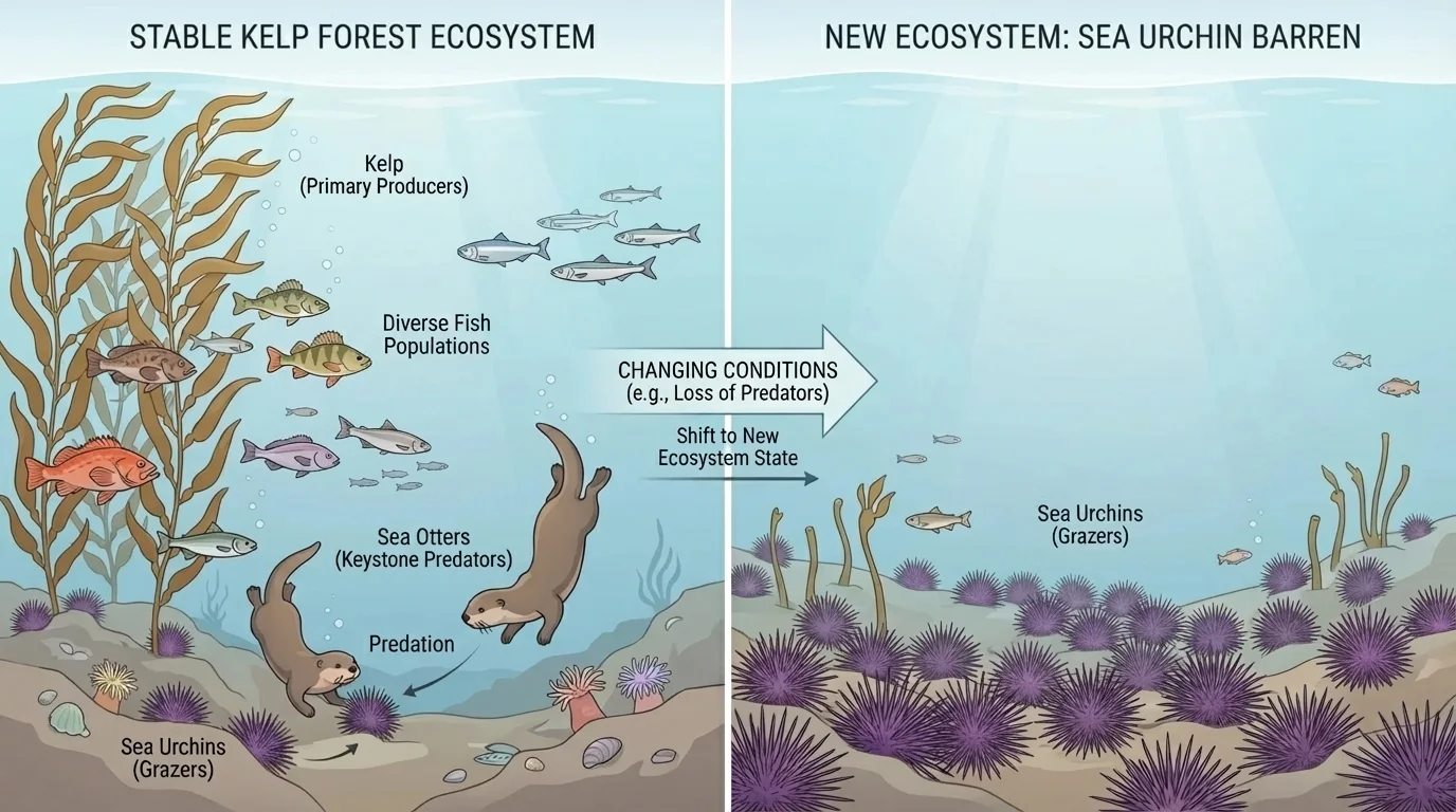 Side-by-side marine illustration showing dense kelp with diverse fish on one side and sea urchin barren with little kelp on the other