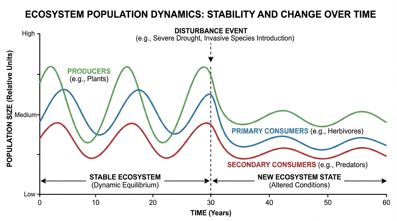 Line graph of several organism populations over time with stable fluctuations, a disturbance marker, and a new population pattern afterward