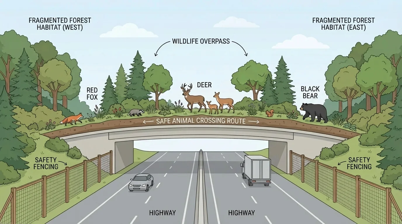 Highway wildlife overpass covered with vegetation connecting two forest patches, with deer and other animals crossing safely
