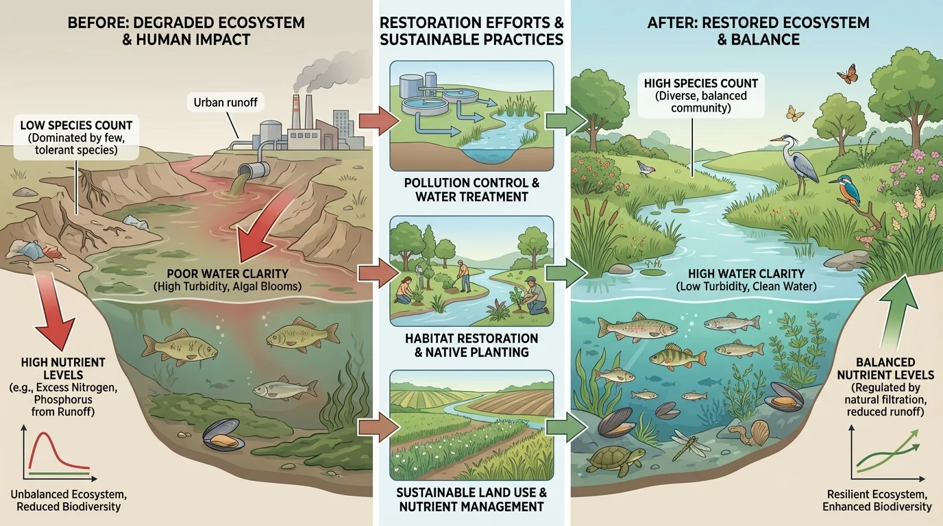 Before-and-after chart for ecosystem restoration comparing water clarity, species count, and nutrient levels