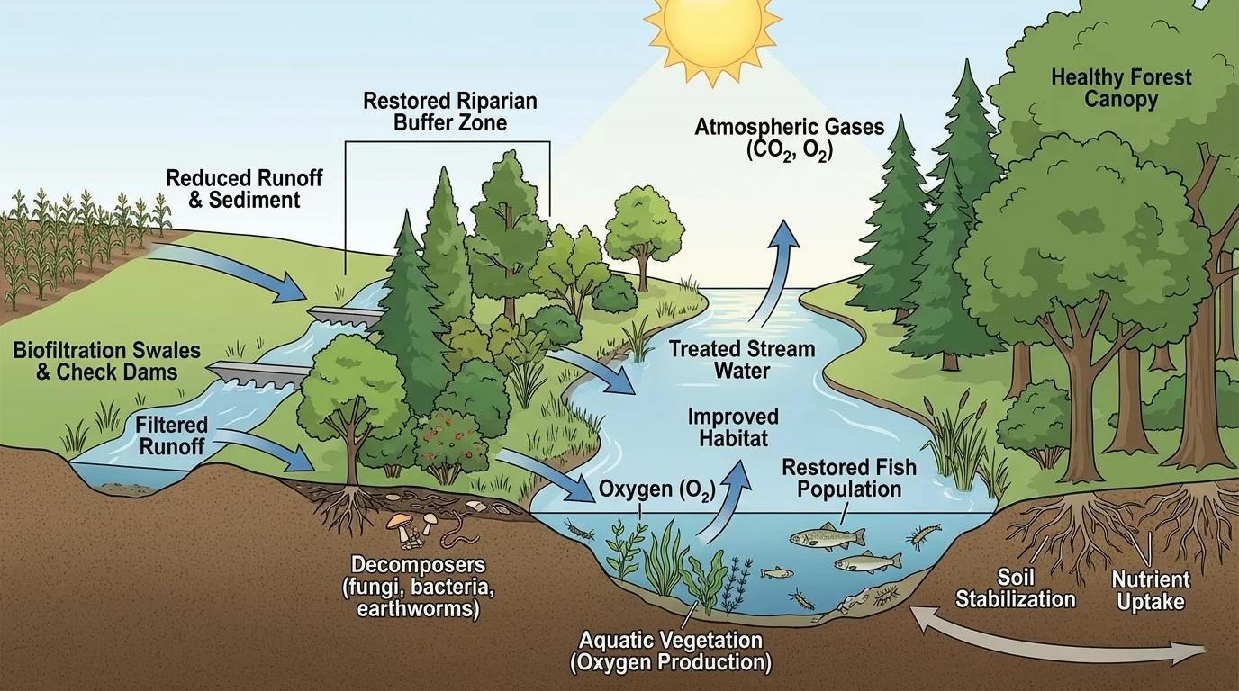 Labeled ecosystem diagram showing biotic and abiotic interactions in a forest stream system with plants, insects, fish, decomposers, sunlight, water, soil, and nutrient flow