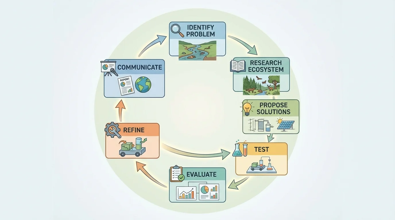Engineering design cycle for environmental problem solving with boxes for identify problem, research ecosystem, propose solutions, test, evaluate, refine, and communicate