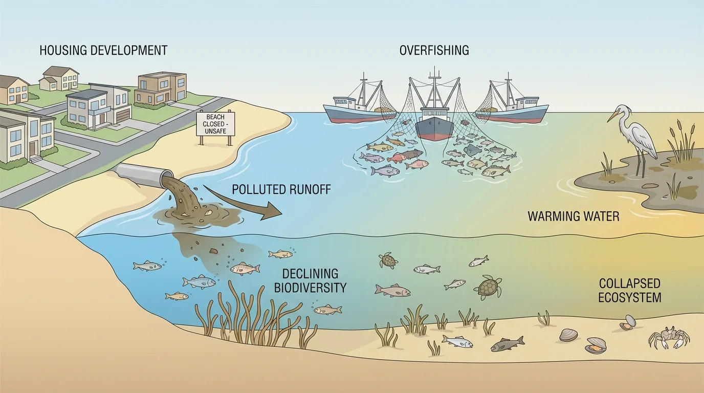Coastal ecosystem showing housing development, polluted runoff, overfishing boats, warming water, and declining biodiversity such as fish, marsh birds, and seagrass