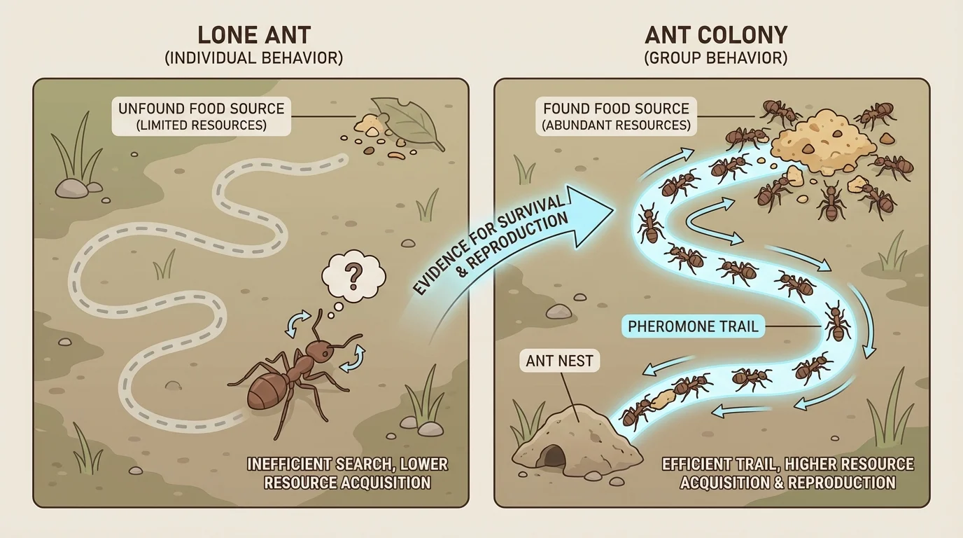 side-by-side comparison of a lone ant searching for food and a trail of ants following pheromones to a food source