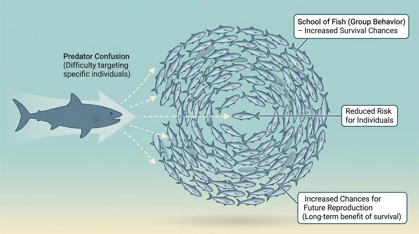 school of fish forming a tight cluster while a predator approaches from one side