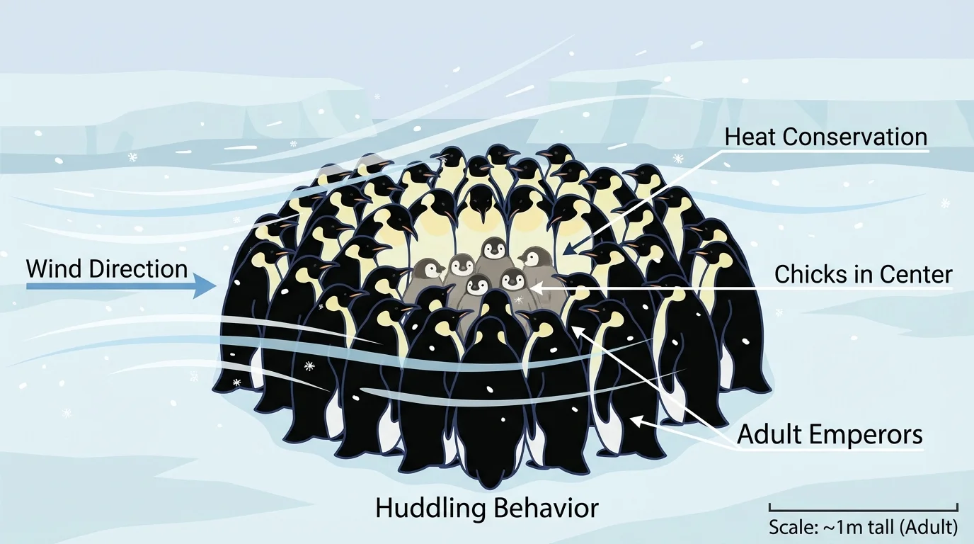 emperor penguin colony with tightly packed adults and chicks in the center during snowy Antarctic wind