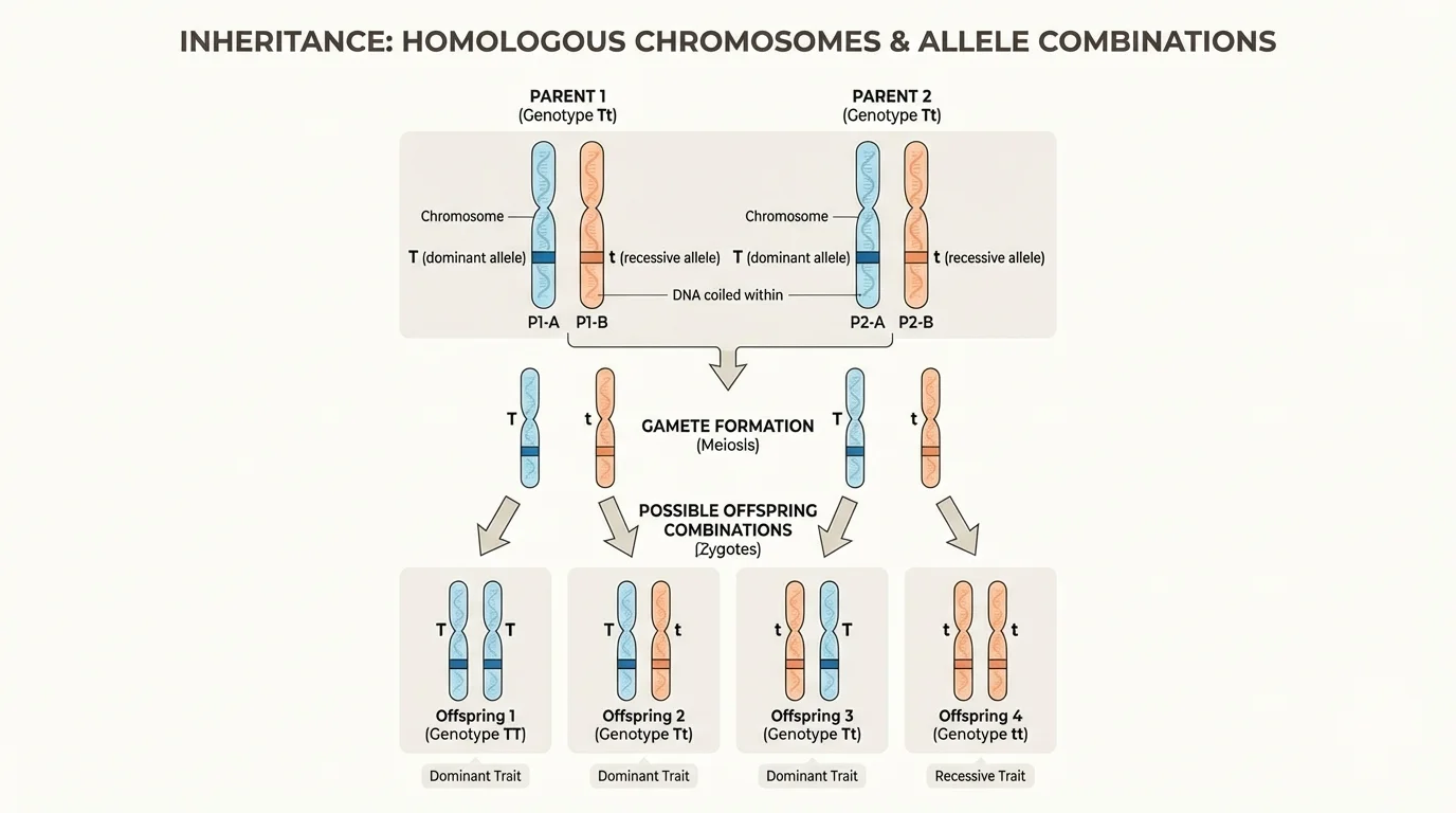 Diagram of homologous chromosome pairs from two parents and several possible offspring combinations with different allele combinations