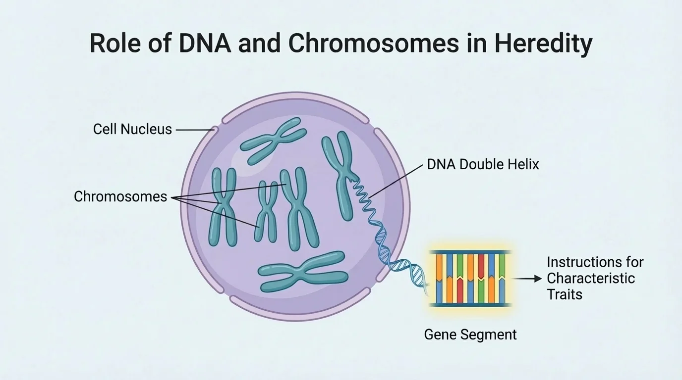 Labeled diagram of a cell nucleus containing chromosomes, one chromosome unwound into a DNA double helix, and a highlighted gene segment
