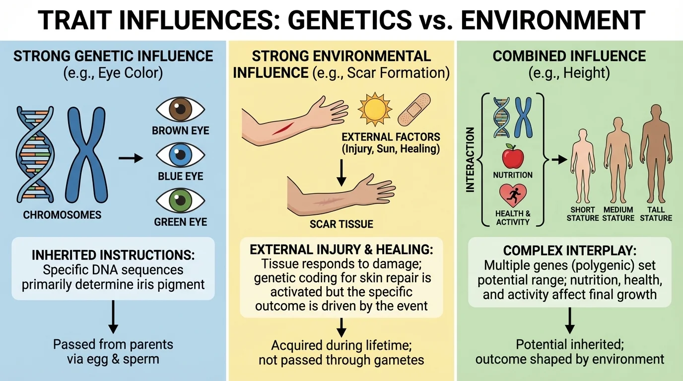 Three-column chart comparing traits with strong genetic influence, strong environmental influence, and combined influence, using eye color, scar formation, and height as examples