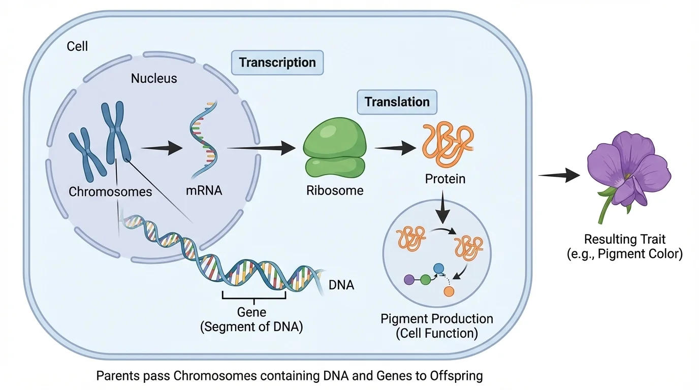Flowchart showing gene in DNA, instructions for protein, protein affecting cell function, and resulting trait such as pigment production
