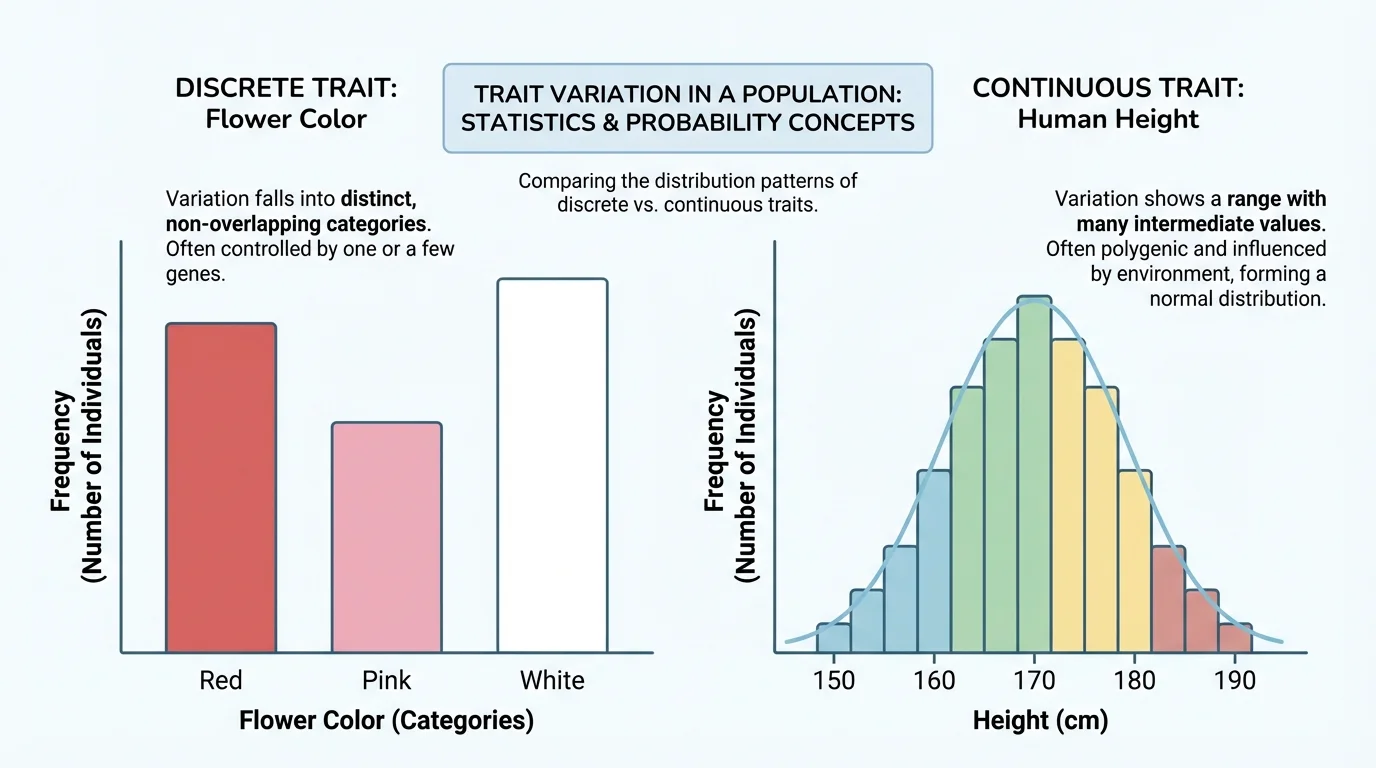 Graph comparing a bar chart for a discrete trait and a bell-shaped histogram for a continuous trait such as human height