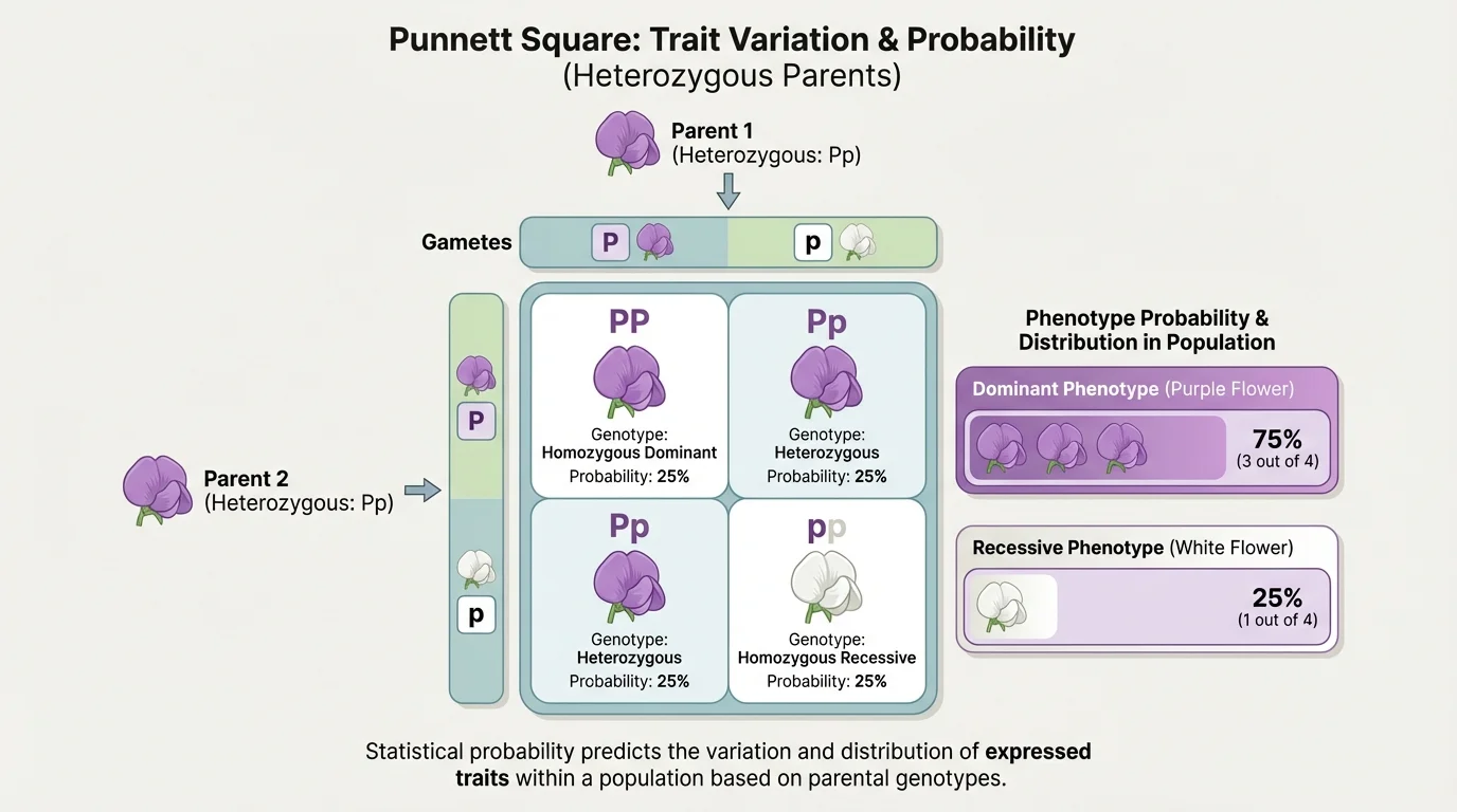 Diagram of a Punnett square for two heterozygous parents showing genotype combinations and phenotype probabilities for a simple dominant-recessive trait