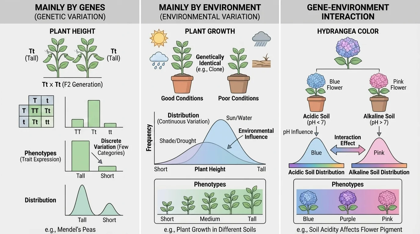 Diagram comparing trait outcomes caused mainly by genes, mainly by environment, and by gene-environment interaction using plant height and hydrangea color examples
