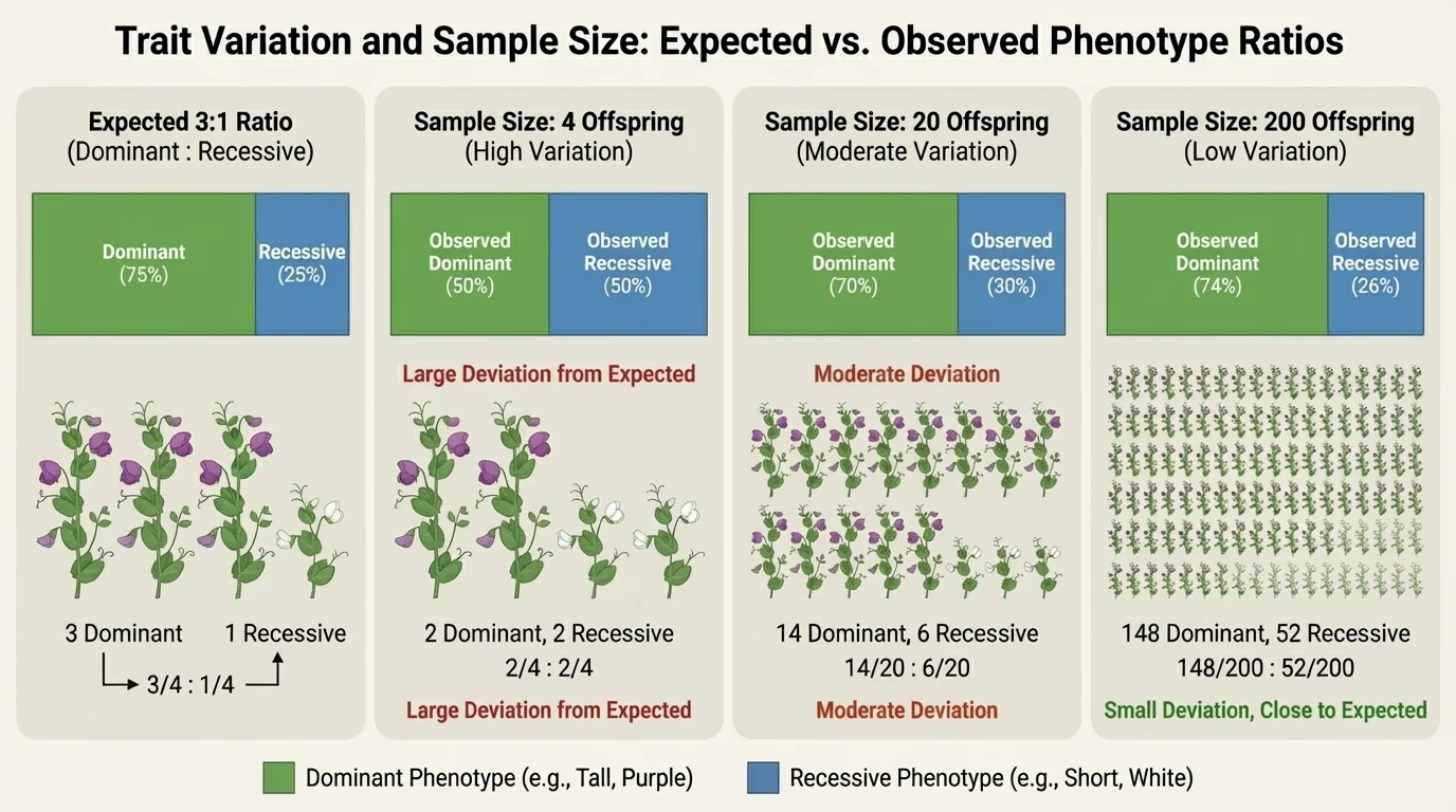 Chart comparing expected 3 to 1 phenotype ratio with sample results from 4 offspring, 20 offspring, and 200 offspring