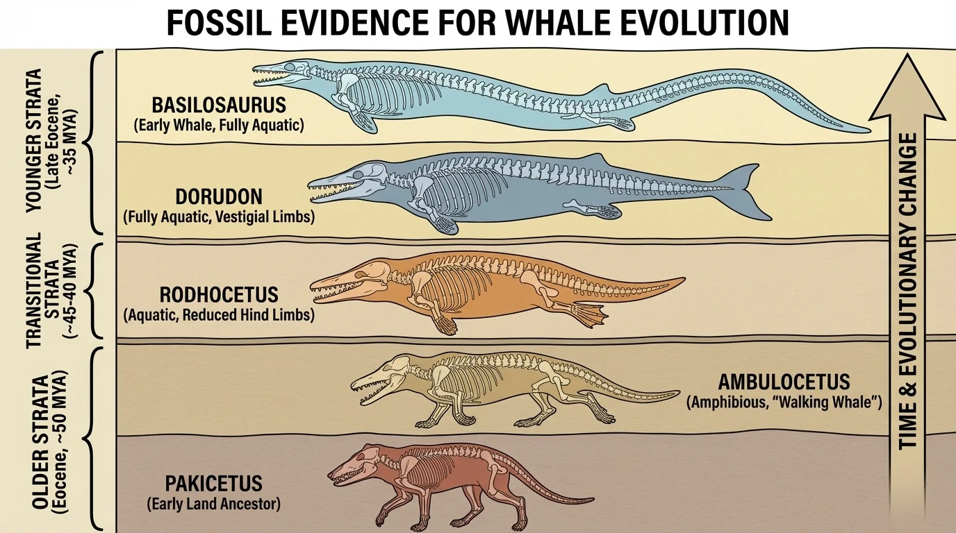 layered rock diagram with fossils in older and younger strata illustrating a transition such as land mammal to early whale forms