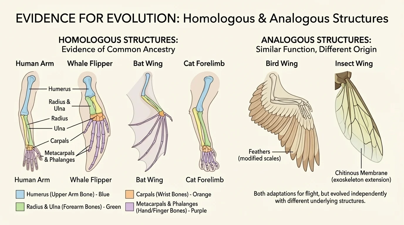 labeled diagram of human arm, whale flipper, bat wing, and cat forelimb with corresponding bones highlighted, plus bird wing and insect wing labeled as analogous