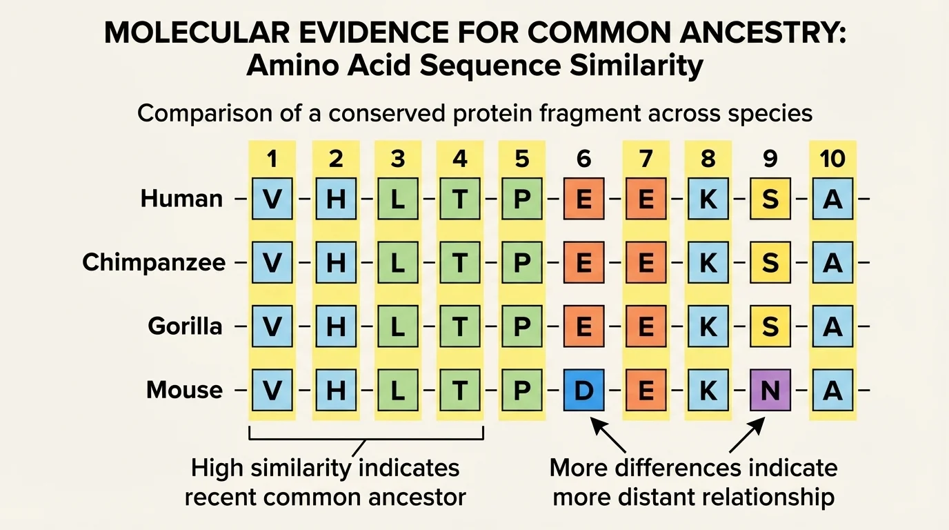 comparison chart showing short DNA or amino acid sequences for human, chimpanzee, gorilla, and mouse with matching positions highlighted