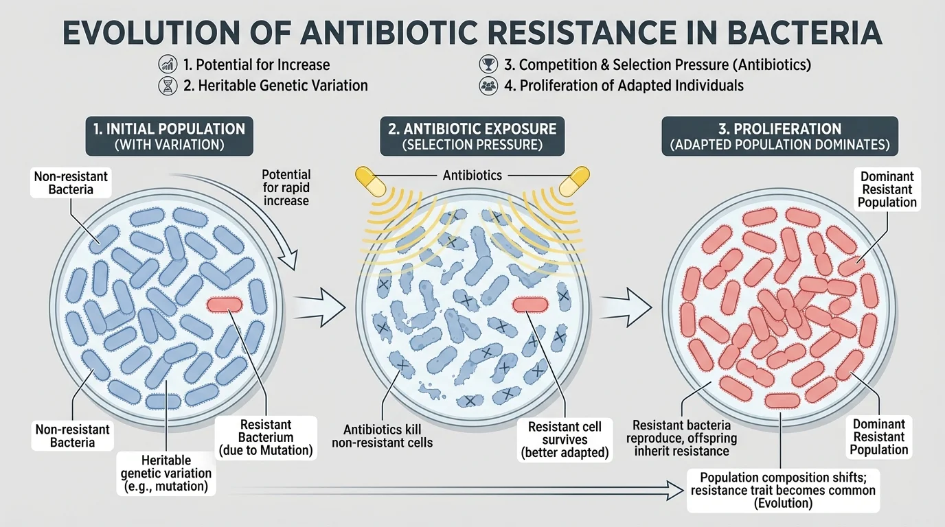 illustration of a bacterial population exposed to antibiotics, with most non-resistant cells dying while one resistant cell survives, reproduces, and dominates the next generation