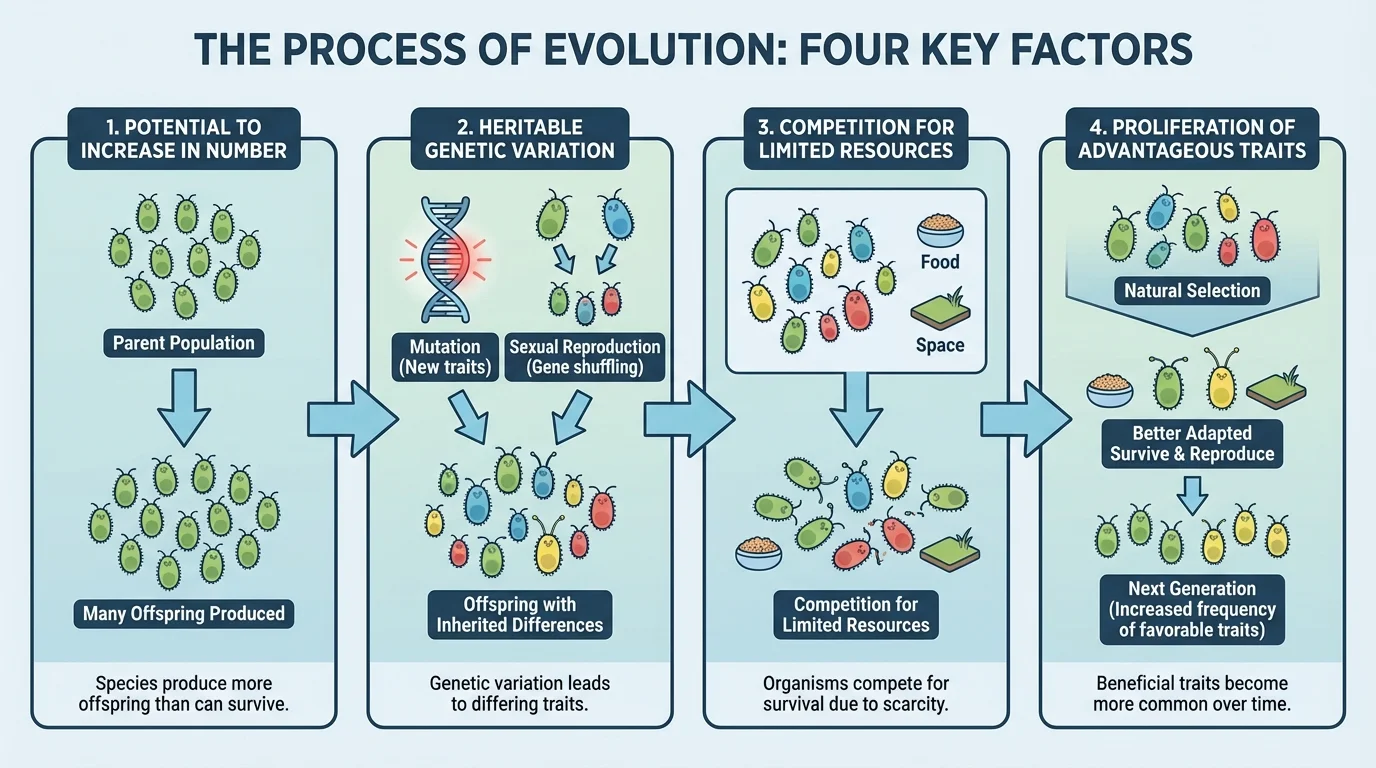 flowchart showing a population producing many offspring, inherited variation among individuals, competition for food and space, and increasing frequency of favorable traits across generations