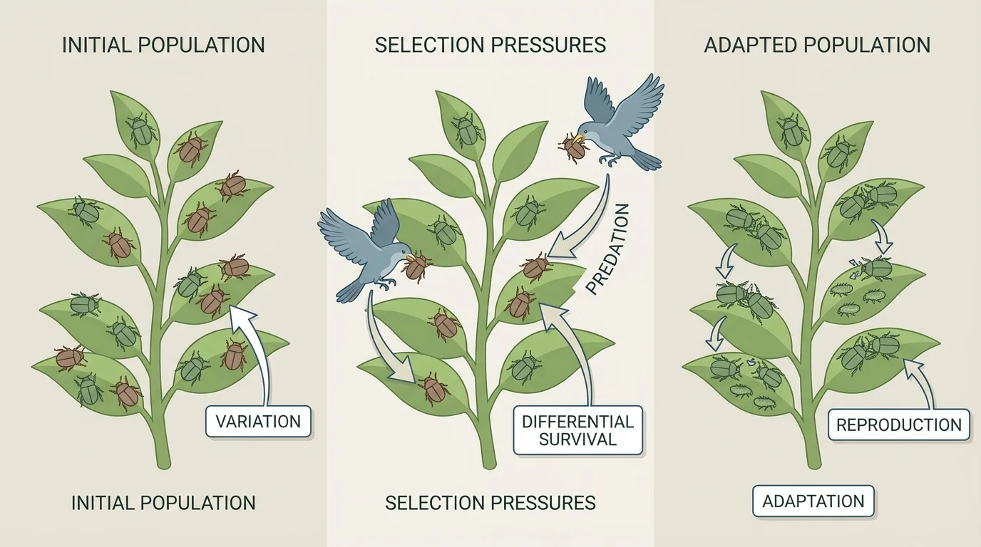 Population of green and brown beetles on green plants, birds catching more visible brown beetles, surviving green beetles reproducing so later generations include more green beetles