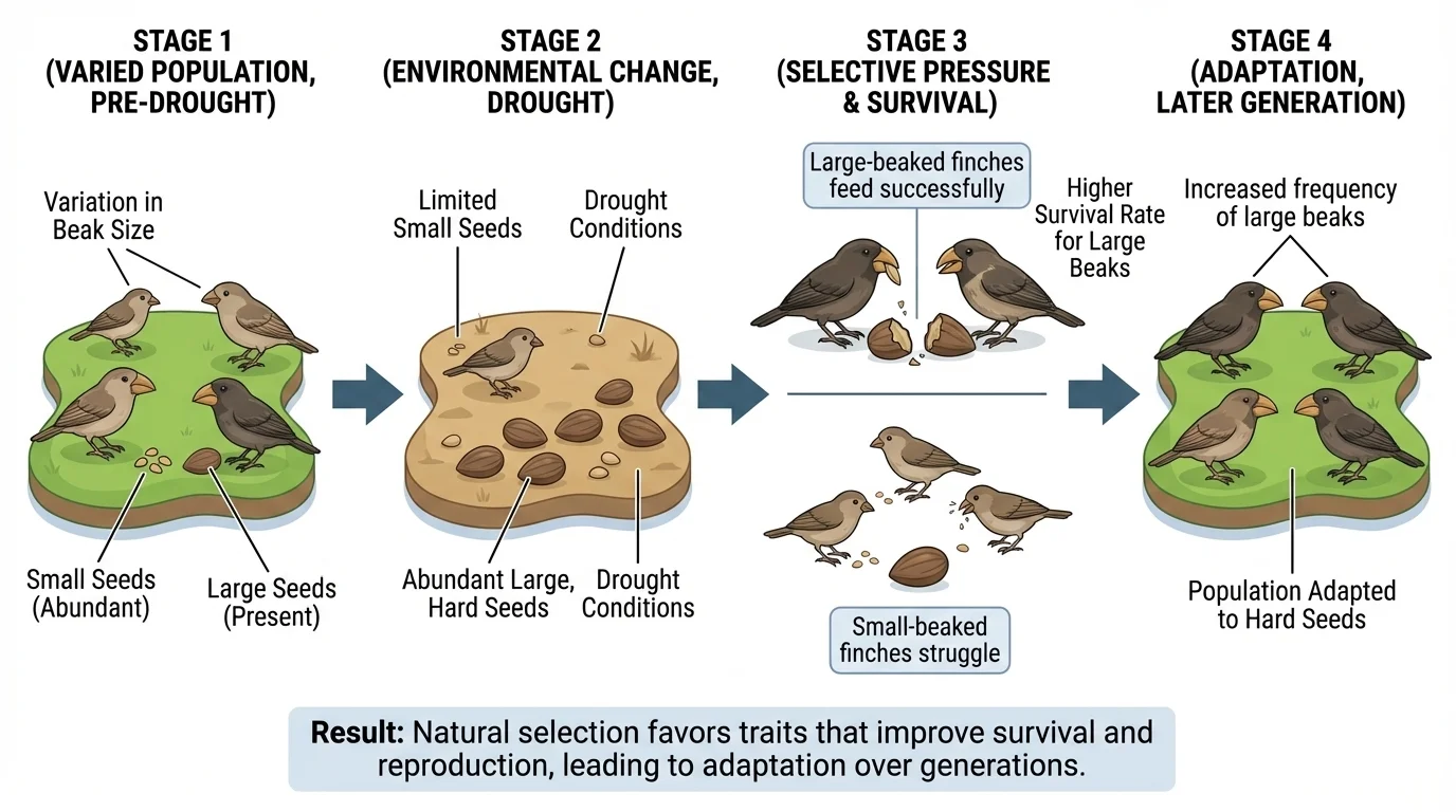 Finch population with varied beak sizes, drought reducing small seeds, larger-beaked finches feeding successfully on hard seeds and later generation showing more large beaks