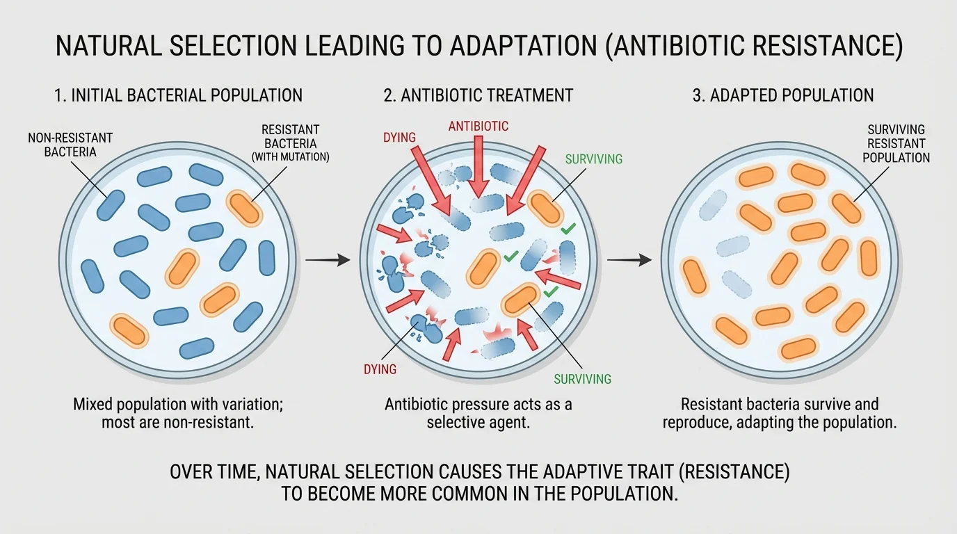 Mixed bacterial population before antibiotic treatment, most non-resistant cells dying during treatment, resistant cells surviving and multiplying afterward