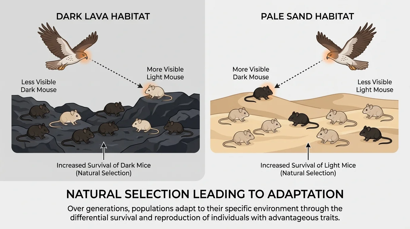 Light and dark rock pocket mice on black lava and pale desert sand, with a hawk spotting the more visible mice in each habitat